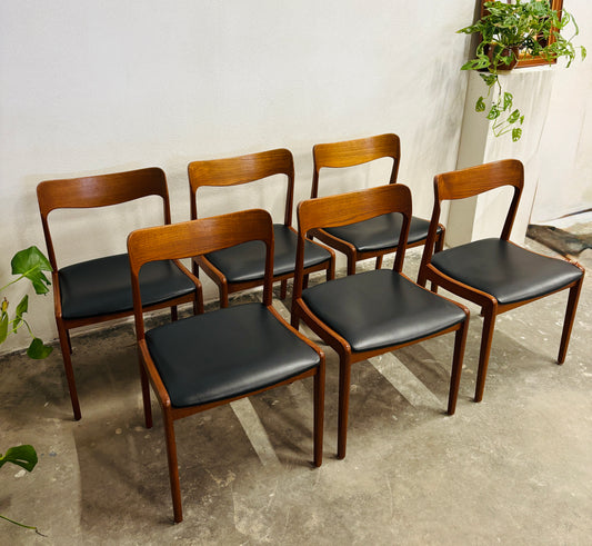 Teakstole med sort læder - 6 stk.
