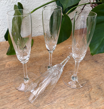 4 stk. vintage champagnefløjter i krystalglas