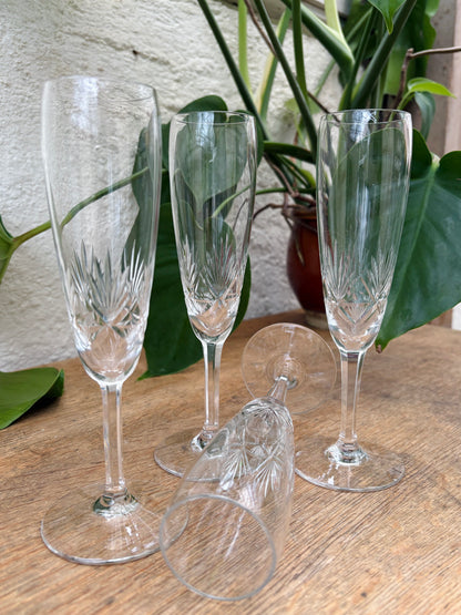 4 stk. vintage champagnefløjter i krystalglas